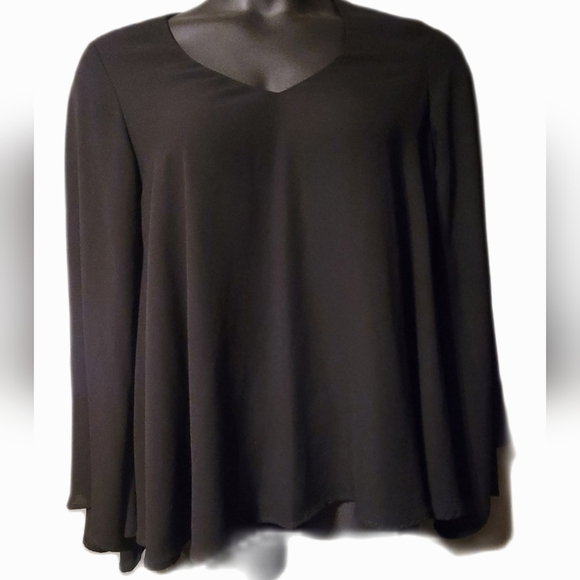 Karen Kane Black V-Neck Sheer Double Layered Flowy Bell Sleeves Blouse - Picture 3 of 4